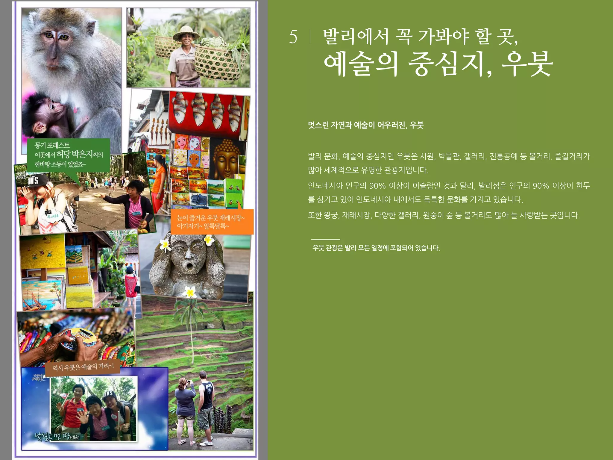 5

발리에서 꼭 가봐야 할 곳,

예술의 중심지, 우붓
멋스런 자연과 예술이 어우러진, 우붓

발리 문화, 예술의 중심지인 우붓은 사원, 박물관, 갤러리, 전통공예 등 볼거리. 즐길거리가
많아 세계적으로 유명한 관광지입니다.
인도네시아 인구의 90% 이상이 이슬람인 것과 달리, 발리섬은 인구의 90% 이상이 힌두
를 섬기고 있어 인도네시아 내에서도 독특한 문화를 가지고 있습니다.
또한 왕궁, 재래시장, 다양한 갤러리, 원숭이 숲 등 볼거리도 많아 늘 사랑받는 곳입니다.

우붓 관광은 발리 모든 일정에 포함되어 있습니다.

 