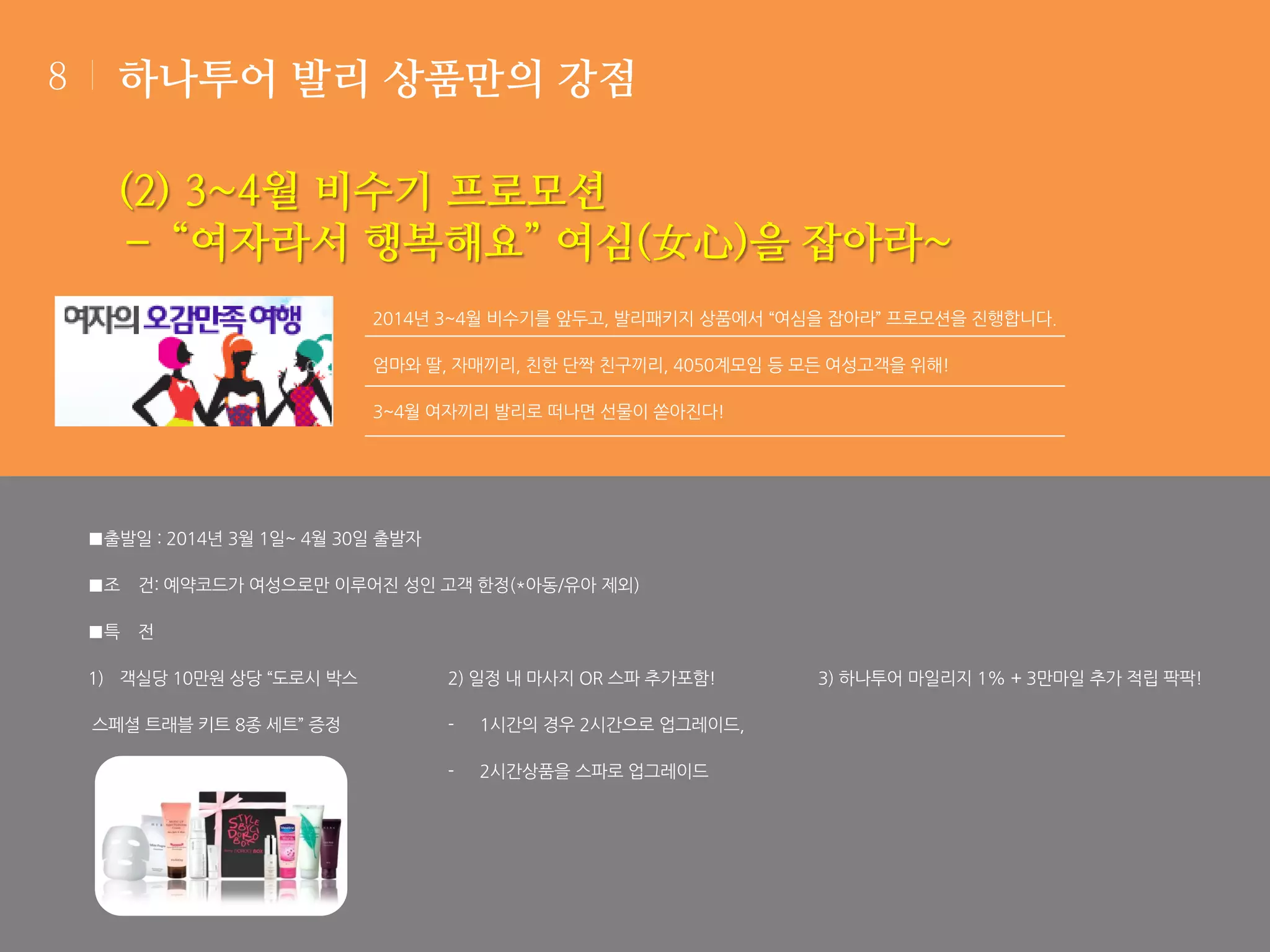 8

하나투어 발리 상품만의 강점

(2) 3~4월 비수기 프로모션
– “여자라서 행복해요” 여심(女心)을 잡아라~
2014년 3~4월 비수기를 앞두고, 발리패키지 상품에서 “여심을 잡아라” 프로모션을 진행합니다.
엄마와 딸, 자매끼리, 친한 단짝 친구끼리, 4050계모임 등 모든 여성고객을 위해!
3~4월 여자끼리 발리로 떠나면 선물이 쏟아진다!

■출발일 : 2014년 3월 1일~ 4월 30일 출발자
■조 건: 예약코드가 여성으로만 이루어진 성인 고객 한정(*아동/유아 제외)
■특 전
1) 객실당 10만원 상당 “도로시 박스

2) 일정 내 마사지 OR 스파 추가포함!

스페셜 트래블 키트 8종 세트” 증정

-

1시간의 경우 2시간으로 업그레이드,

-

2시간상품을 스파로 업그레이드

3) 하나투어 마일리지 1% + 3만마일 추가 적립 팍팍!

 