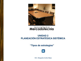 UNIDAD 2 
PLANEACIÓN ESTRATÉGICA SISTÉMICA 
“Tipos de estrategias” 
M.A. Margarita Cortés Mejía 
 