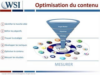 Optimisation du contenu

1 Identifier le marché cible


2 Définir les objectifs


3 Trouver la stratégie


4 Développer les tactiques

5 Optimiser le contenu

6 Mesurer les résultats


                                      MESURER
 