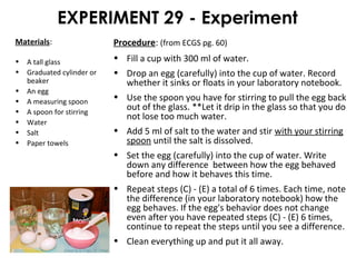 EXPERIMENT 29 - Experiment
Materials:
• A tall glass
• Graduated cylinder or
beaker
• An egg
• A measuring spoon
• A spoon for stirring
• Water
• Salt
• Paper towels
Procedure: (from ECGS pg. 60)
• Fill a cup with 300 ml of water.
• Drop an egg (carefully) into the cup of water. Record
whether it sinks or floats in your laboratory notebook.
• Use the spoon you have for stirring to pull the egg back
out of the glass. **Let it drip in the glass so that you do
not lose too much water.
• Add 5 ml of salt to the water and stir with your stirring
spoon until the salt is dissolved.
• Set the egg (carefully) into the cup of water. Write
down any difference between how the egg behaved
before and how it behaves this time.
• Repeat steps (C) - (E) a total of 6 times. Each time, note
the difference (in your laboratory notebook) how the
egg behaves. If the egg's behavior does not change
even after you have repeated steps (C) - (E) 6 times,
continue to repeat the steps until you see a difference.
• Clean everything up and put it all away.
 