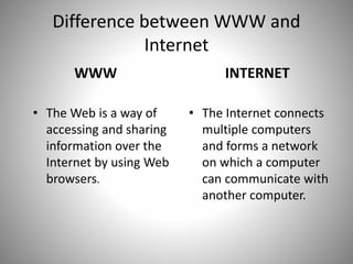 Difference between WWW and
Internet
WWW
• The Web is a way of
accessing and sharing
information over the
Internet by using Web
browsers.
INTERNET
• The Internet connects
multiple computers
and forms a network
on which a computer
can communicate with
another computer.
 