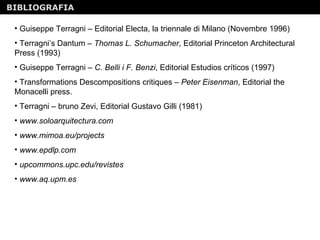BIBLIOGRAFIA Guiseppe Terragni – Editorial Electa, la triennale di Milano (Novembre 1996) Terragni’s Dantum –  Thomas L. Schumacher , Editorial Princeton Architectural Press (1993) Guiseppe Terragni –  C. Belli i F. Benzi , Editorial Estudios críticos (1997) Transformations Descompositions critiques –  Peter Eisenman , Editorial the Monacelli press. Terragni – bruno Zevi, Editorial Gustavo Gilli (1981) www.soloarquitectura.com   www.mimoa.eu/projects   www.epdlp.com   upcommons.upc.edu/revistes   www.aq.upm.es   