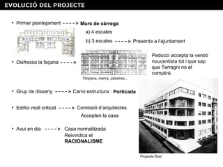 EVOLUCIÓ DEL PROJECTE Primer plantejament Murs de càrrega a) 4 escales b) 3 escales Presenta a l’ajuntament Disfressa la façana  Peducci accepta la versió noucentista tot i que sap que Terragni no el complirà. Timpans, marcs, pilastres... Grup de disseny  Canvi estructura :  Porticada   Edifici molt criticat  Projecte final Comissió d’arquitectes Accepten la casa Avui en dia  Casa normalitzada Reivindica el  RACIONALISME EVOLUCIÓ DEL PROJECTE EVOLUCIÓ DEL PROJECTE 