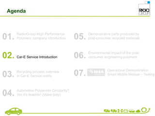 Agenda
RadiciGroup High Performance
Polymers: company introduction
01.
Car-E Service Introduction
02.
Recycling process overview
in Car-E Service reality
03.
Automotive Polyamide Circularity?
Yes it’s feasible! (Video play)
04.
Demonstrative parts produced by
post-consumer recycled materials
05.
Environmental impact of the post-
consumer engineering polymers
06.
Operational Demonstration
Smart Mobile Module – Testing
07.
 
