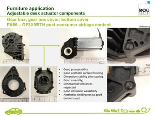 Furniture application
Adjustable desk actuator components
Gear box; gear box cover; bottom cover
PA66 – GF30 WITH post-consumer airbags content
• Good processability
• Good aesthetic surface finishing
• Dimension stability after cooling
• Good assembly;
• Dimensional tolerances
respected
• Good ultrasonic weldability
• Aesthetics welding not so good
(minor issue)
Test
Reference
 