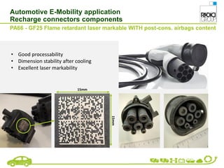 Automotive E-Mobility application
Recharge connectors components
PA66 - GF25 Flame retardant laser markable WITH post-cons. airbags content
• Good processability
• Dimension stability after cooling
• Excellent laser markability
15mm
15mm
 