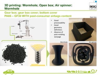 3D printing: Wormhole; Open box; Air spinner;
Wormhole
Gear box; gear box cover; bottom cover
PA66 – GF30 WITH post-consumer airbags content
• Good
processability
• Good
geometry
definition;
• Absence of
post-molding
warpage
Air spinner
Open box
Wormhole
 