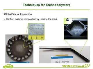 Techniques for Technopolymers
Global Visual Inspection
• Confirm material composition by reading the mark
 