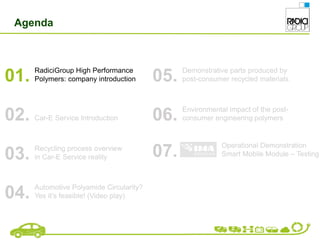 Agenda
RadiciGroup High Performance
Polymers: company introduction
01.
Car-E Service Introduction
02.
Recycling process overview
in Car-E Service reality
03.
Automotive Polyamide Circularity?
Yes it’s feasible! (Video play)
04.
Demonstrative parts produced by
post-consumer recycled materials
05.
Environmental impact of the post-
consumer engineering polymers
06.
Operational Demonstration
Smart Mobile Module – Testing
07.
 