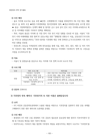 환경정의 29차 정기총회
- 103 -
일정 세부 프로그램 세부내용
연중
지방정부 기후정책
모니터링 기획단 구성
- 관련 전문가와 사업진행을 위한 기획회의 진행
- 모니터 대상, 내용, 방법 구체화 및 역할 분담
지자체별 주요 기후 정책 및
이슈 모니터
- 지자체 기후에너지 이슈 모니터
- 지자체 기후에너지 정책 및 그린뉴딜 정책 평가
지방정부 기후정책 분석 및
사회화
- 모니터 분석 및 시사점 도출, 이슈화
② 추진 배경
­ 올초 지자체 보도자료 등을 보면 ▲인천- 신재생에너지 이용률 2030년까지 2% 이상 향상, 생활
권도시 숲 40개 조성 ▲대전-기후변화대응 범시민위원회 발족 ▲경남-2050탄소중립 로드맵 완성
▲ 충남- 석탄화력발전소 단계적 폐쇄 및 탈석탄 금고 등과 같이 전국 모든 지자체-교육청으로 확
산 등 지자체별 다양한 기후위기 정책을 계획중임.
­ 특히, 서울과 충남은 지자체 중 가장 먼저 기후 위기 비상 상황을 선포한 바 있음. 서울의 ‘기후
위기 시대 미래세대를 위한 협력’과 공동노력을 위한 「생태문명 전환도시 서울」 공동선언’(‘19.9.26)
을 시작으로 충청남도에서도 「2019 탈석탄 기후변화 대응 국제 컨퍼런스」(‘19.10.22)에서 기후 위기
비상 상황을 선포함.
­ 전년도에 그린뉴딜 지역분권의 과제 연속포럼을 통해 서울, 대전, 전주, 광주, 제주 등 여러 지역
의 기후위기 대응 정책과 한계를 살펴본 경험을 바탕으로 지자체의 기후에너지 정책 및 그린뉴딜
사업을 모니터하고자 함.
③ 목표
­ 서울시 및 충청남도를 중심으로 하는 지자체 기후 정책 모니터 보고서 작성
④ 프로그램
⑤ 담당자 전세이라
3) 기후정의 연속 세미나: 기후위기의 또 다른 이름은 불평등입니다
① 요약
­ 4기 비전과 운동전략토론회에서 도출된 내용을 바탕으로 기후정의를 실현하기 위한 운동 과제를
구체화하기 위한 내부 세미나와 토론회를 운영함.
② 추진 배경
­ 환경정의 4기 비전 수립 과정에서 기후 운동의 필요성과 중요성에 대한 합의가 이루어지면서 단
체 내 기후운동 확산을 위한 기반이 확보됨.
­ 외부적으로는 기후위기 대응 법안에 기후정의 개념을 포함시키자는 제안이 나오거나 ’기후정의‘를
 