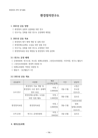 환경정의 29차 정기총회
- 106 -
운동분야 사업명
예산
(수주처/금액)
기간 담당자
조사·연구
환경정의 지표 개발 및
환경정의 수준 평가: 분배적
정의 중심
미정 /
1,000만원
1월~11월
고정근
부소장
(심수은)
환경단체소송제도 도입을
위한 입법 활동
미정 /
1,000만원
3월~12월 심수은
환경정의포럼 환경정의포럼
미정 /
1,000만원
3월~11월
그린인프라위
원회
법제도위원회
(심수은)
조직·운영 연구소 운영위원회
미정 /
200만원
1월~12월 심수은
환경정의연구소
1. 2021년 운동 방향
○ 환경정의 실현의 실질화를 위한 연구
○ 연구기능 강화를 위한 연구소 운영체계 재정립
2. 2021년 운동 목표
○ 환경정의 평가 체계 개발 및 실태 진단
○ 환경단체소송제도 도입을 위한 입법 추진
○ 연구기능 강화를 위한 연구소 운영방안 마련
○ 환경정의포럼 위상 재정립 및 환경정의 의제 공론화
3.1 연구소 운영 체계
○ 운영위원회: 연구소장, 부소장, 법제도위원장, 그린인프라위원장, 사무처장, 연구소 활동가
○ 그린인프라위원회: 현경학 위원장 外
○ 법제도위원회: 박창신 위원장 外
○ 활동가 : 상근활동가 1인
3.2 2021년 운동 개요
4. 세부운동과제
 