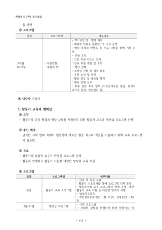 환경정의 29차 정기총회
- 117 -
일정 프로그램명 세부내용
3~5월
8~10월
- 작은만찬
- 후원의 밤
- TF 구성 및 행사 기획
: 내외부 자원을 활용한 TF 구성 운영
: 행사 목적과 컨셉트 등 주요 사항을 함께 기획 논
의
- 후원 조직
: 기존 후원 리스트 정리
: 신규 후원 개발 및 조직
- 행사 진행
: 초청장 기획 및 제작 발송
: 후원 조직 및 연락
: 활동 공유 등 홍보물 제작
: 행사 진행 실무
: 후원 관련 후속 업무 (기부금여수증 발급, 참석자
리스트 관리, 감사인사 등)
일정 프로그램명 세부내용
연중 활동가 교육 프로그램
- 이슈 및 실무 교육
: 활동가 수요조사를 통해 프로그램 기획 운영
: 활동부서별 교육 프로그램과 연계 운영, 개인
활동가 교육 지원 등 다양한 방식의 시행
- 법정의무교육
: 개인정보보호(연간 1회 이상), 성평등(연 1회)
등
3월~11월 멤버십 프로그램
- 기획 프로그램
: 사회적 상황을 반영하여 환경 현장이나 이
을 마련
③ 프로그램
④ 담당자 이경석
6) 활동가 교육과 멤버십
① 요약
­ 활동가의 운동 확장과 역량 강화를 지원하기 위한 활동가 교육과 멤버십 프로그램 진행
② 추진 배경
­ 급격한 사회 변화 속에서 활동가의 새로운 활동 욕구와 적응을 지원하기 위해 교육 프로그램
이 필요함
③ 목표
­ 활동가의 실질적 요구가 반영된 프로그램 운영
­ 활동과 연계하고 활용이 가능한 다양한 방식의 교육 지원
④ 프로그램
 