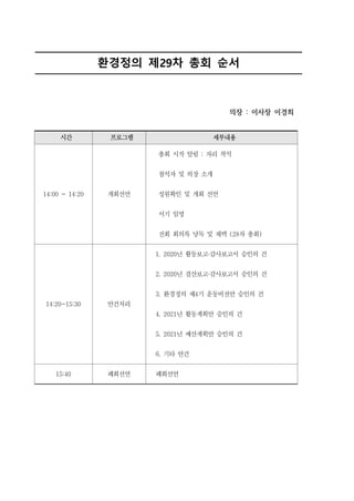 시간 프로그램 세부내용
14:00 ~ 14:20 개회선언
총회 시작 알림 : 자리 착석
참석자 및 의장 소개
성원확인 및 개회 선언
서기 임명
전회 회의록 낭독 및 채택 (28차 총회)
14:20~15:30 안건처리
1. 2020년 활동보고·감사보고서 승인의 건
2. 2020년 결산보고·감사보고서 승인의 건
3. 환경정의 제4기 운동비전안 승인의 건
4. 2021년 활동계획안 승인의 건
5. 2021년 예산계획안 승인의 건
6. 기타 안건
15:40 폐회선언 폐회선언
환경정의 제29차 총회 순서
의장 : 이사장 이경희
 