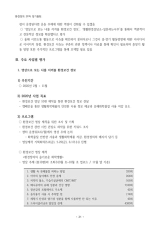 환경정의 29차 정기총회
- 21 -
1. 생활 속 유해물질 피하는 방법
2. 아이의 놀이매트 안전 문제
3. 치약의 불소, 가습기살균제의 CMIT/MIT
4. 매니큐어의 유해 성분과 건강 영향
5. 장난감의 프탈레이트 가소제
6. 음식용기 사용 시 주의할 점
7. 세정시 산성과 염기성 성분을 함께 사용하면 안 되는 이유
8. 드라이클리닝과 발암성 관계
320회
264회
165회
7100회
42회
174회
43회
4300회
럼이 운영된다면 운동 주제에 대한 역량이 강화될 수 있겠음
○ ‘영상으로 보는 나를 지켜줄 환경보건 정보’, ‘생활환경상담소-질문하는나무’를 통해서 객관적이
고 전문적인 정보를 확산했다고 평가
○ 올해 시민소통 활동으로 이슈를 확인하지 못하다보니 그것이 중·장기 활동방향에 대한 아이디어
로 이어지지 못함. 환경보건 이슈는 꾸준히 관련 정책이나 자료를 통해 확인이 필요하며 중장기 활
동 방향 또한 추가적인 프로그램을 통해 모색할 필요 있음
Ⅲ. 주요 사업별 평가
1. 영상으로 보는 나를 지켜줄 환경보건 정보
1) 추진기간
○ 2020년 2월 ~ 11월
2) 2020년 사업 목표
­ 환경보건 영상 10편 제작을 통한 환경보건 정보 전달
­ 캠페인을 통한 생활화학제품의 안전한 사용 정보 제공과 유해화학물질 사용 저감 유도
3) 프로그램
○ 환경보건 영상 제작을 위한 조사 및 기획
­ 환경보건 관련 시민 관심도 파악을 위한 키워드 조사
­ 센터 운영위(4.6/월)에서 영상 주제 논의
: 화학물질 안전한 사용과 생활화학제품 저감, 환경정의의 메시지 담기 등
­ 영상제작 기획회의(5.8(금), 5.29(금), 6.17(수)) 진행
○ 환경보건 영상 제작
<환경정의의 슬기로운 화학생활>
­ 영상 주제 (총10편)와 조회수(9월 초~10월 초 업로드 / 11월 말 기준)
 