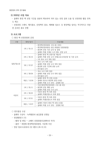 환경정의 29차 정기총회
- 53 -
구분 회차/일시 주요내용
일반/청소년
1차 / 05.12
- 환경책선정위원회 구성 (총 10인)
- 환경책선정위원장 선임 (최원형 선정위원장)
- 환경책 선정 기준 논의 및 결정
- 올해의 특별 주제로 도서 별도 선정 논의
2차 / 06.10
- 올해의 환경 책 선정기준 재논의
- 올해의 특별 선정 도서 주제(코로나19)선정 및 기준 논의
- 1차 후보 도서 목록 점검
3차 / 07.07
- 후보 도서 목록 점검
- 올해의 톡별 선정 도서 목록 점검
- 환경책 선정 기간에 관한 논의
- 한우물상 논의
4차 / 08.04
- 후보 도서 목록 점검
- 올해의 톡별 선정 도서 목록 점검
- 한우물상 논의
최종 / 10.04
- 올해의 환경 책 선정 (12권)
- 올해의 청소년 환경책 선정 (10권)
- 올해의 특별 도서 선정 : 감염병 9권
어린이
1차 / 05.11
- 어린이환경책선정위원회 구성 (총 6인)
- 환경책 선정 계획 논의
- 올해의 특별 선정 도서 논의
2차 / 06.03
- 어린이 환경 책 목록 점검
- 올해의 특별선정도서 목록 점검
3차 / 07.01
- 어린이 환경 책 목록 점검
- 올해의 특별선정도서 목록 점검
최종 / 10.07
- 올해의 어린이 환경 책 선정 (12권)
- 올해의 특별 도서 선정 : 감염병 9권
2) 2020년 사업 목표
­ 올해의 환경 책 선정 기간을 충분히 확보하여 의미 있는 선정 결과 도출 및 선정위원 활동 만족
도 제고
­ 선정과정 스케치, 행사홍보, 선정책의 홍보, 매체별 업로드 등 환경책을 알리는 적극적이고 다양
한 온라인 홍보 진행
3) 프로그램
○ 환경 책 선정위원회 운영
○ 한우물상 수상
­ 올해의 수상자 : 녹색평론과 故김종철 선생님
­ 영상촬영(11.11)
: 촬영 및 편집 – 고혜미 선정위원(다큐멘터리 작가)
: 출연 – 최원형 환경책선정위원장, 이문재 시인
­ 영상 업로드(유튜브) 총 5편(11.28~12.12)
 