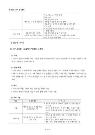 환경정의 29차 정기총회
- 83 -
네트워크 조직 및 워크숍
구성, 워크숍 기획과 운영
[프로그램]
·마을부엌 사례 발표
·유형별 마을부엌 분석 및 현황
·마을부엌이 당면한 문제와 해결을 위한 정책
방향 논의
- 마을부엌 사례집 발간/영상 사례집 발간
11월~12월
마을부엌 정책 시사점
도출을 위한 정책 토론회
- 정책 토론회
·마을부엌 활성화 및 지속가능성
·마을부엌과 먹거리 정책 변화를 위한 법제도
개선 및 정책 개선 방향
일정 프로그램명 세부내용
2월
먹거리 공공성 마련을 위한
포럼위원회 구성
- 포럼을 기획하고, 방향을 잡아줄 수 있는 전문가
로 구성
- 먹거리 정책 전문가, 먹거리 생산, 먹거리 운송,
먹거리 전달체계 종사자 등 다양한 분야 섭외 및
구성
3월~11월
먹거리 공공성 마련을 위한
포럼 운영
- 먹거리 공공성 마련을 위한 <우리시대 먹거리 공
공성>포럼 운영
­ 불평등 구조 파악을 통한 다각적 방안 모색
: 계층 문제, 현행 전달체계와 수혜 측면에서의 문
⑤ 담당자 박희영
2) 먹거리포럼 <우리시대 먹거리 공공성>
① 요약
­ 먹거리 공공성 마련을 위한 포럼을 통해 먹거리정의센터 5년의 사업방향 및 계획을 수립하고, 정
책 및 시사점을 도출하고자 함
② 추진 배경
­ 기후위기와 코로나19라는 재난 앞에서 먹거리 공공성 문제가 우리 사회에 시급한 화두로 대두함
­ 대다수 포럼이 기후위기 시대, 먹거리 자립 문제에만 초점이 맞춰져 있는 상황에서 지속가능한 먹
거리 문제뿐 아니라, 모두가 평등하게 누리는 먹거리 공공성을 실현하려는 방안을 모색하는 것이 필
요함
③ 목표
­ 먹거리정의센터 5년의 사업 방향 및 계획의 수립
­ 먹거리 공공성 마련을 위한 포럼을 통해 정책 시사점 도출
④ 프로그램
 