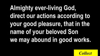 Almighty ever-living God,
direct our actions according to
your good pleasure, that in the
name of your beloved Son
we may abound in good works.
Collect
 