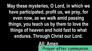 May these mysteries, O Lord, in which we
have participated, profit us, we pray, for
even now, as we walk amid passing
things, you teach us by them to love the
things of heaven and hold fast to what
endures. Through Christ our Lord.
All: Amen
Prayer after communion
 