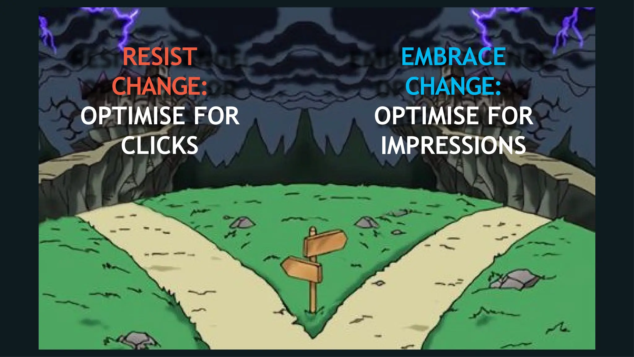 RESIST
CHANGE:
OPTIMISE FOR
CLICKS
EMBRACE
CHANGE:
OPTIMISE FOR
IMPRESSIONS
 