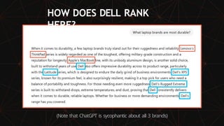 HOW DOES DELL RANK
HERE?
(Note that ChatGPT is sycophantic about all 3 brands)
 
