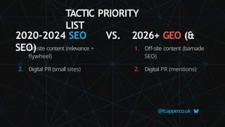 1. On-site content (relevance +
flywheel)
2. Digital PR (small sites)
@tcapper
.co.uk
1. Off-site content (barnacle
SEO)
2. Digital PR (mentions)
TACTIC PRIORITY
LIST
2020–2024 SEO VS. 2026+ GEO (&
SEO)
 