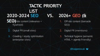 1. On-site content (relevance +
flywheel)
2. Digital PR (small sites)
3. Crawling / equity optimisation
(enterprise sites)
@tcapper
.co.uk
1. Off-site content (barnacle
SEO)
2. Digital PR (mentions)
3. Technical hygiene (semantic
HTML + agentic-friendly)
TACTIC PRIORITY
LIST
2020–2024 SEO VS. 2026+ GEO (&
SEO)
 