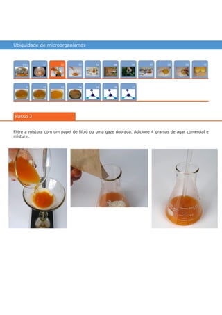 Ubiquidade de microorganismos
Intro
1211
100704
1513
0805
16
03
14
0906
17
01
Passo 2
02
Filtre a mistura com um papel de filtro ou uma gaze dobrada. Adicione 4 gramas de agar comercial e
misture.
várias experiências, um só lugar
 