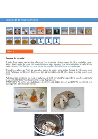 Ubiquidade de microorganismos
Intro
1211
1007
15
02
13
0805
16
03
14
0906
17
01
Passo 4
04
Preparo do material
A partir desse passo, os materiais (placas de Petri e meio de cultura, frascos de vidro, espátulas, conta-
gotas) devem estar livres de microorganismos, ou seja, estéreis. Veja como esterilizar o material nos
experimentos: Esterilizando com uma panela de pressão e Como funciona uma autoclave
Embrulhe as placas de Petri, as espátulas, palitos de picolé, conta-gotas, frascos de vidro com papel
craft. Autoclave também um dos frascos com aproximadamente 30 ml de água e tampe-o com papel
craft.
Autoclave todo o material e o meio de cultura durante 15 minutos (Para aprender a autoclavar, consulte
o experimento “Esterilizando com uma panela de pressão”).
IMPORTANTE: Ao utilizar uma autoclave pela primeira vez, peça a alguém que já tenha experiência com
esse aparelho para lhe acompanhar.
várias experiências, um só lugar
 
