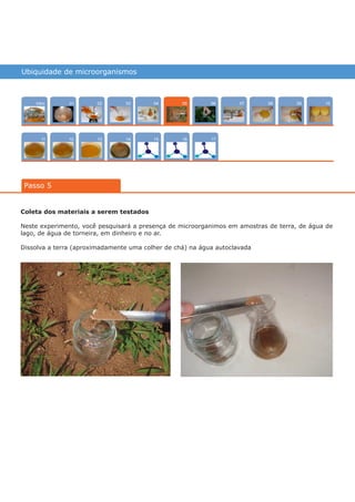 Ubiquidade de microorganismos
Intro
1211
100704
15
02
13
08
16
03
14
0906
17
01
Passo 5
05
Coleta dos materiais a serem testados
Neste experimento, você pesquisará a presença de microorganimos em amostras de terra, de água de
lago, de água de torneira, em dinheiro e no ar.
Dissolva a terra (aproximadamente uma colher de chá) na água autoclavada
várias experiências, um só lugar
 