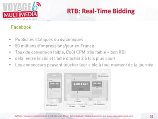 #VEM6 - Voyage en Multimédia 4 | 5 & 6 Février 2015 | Saint-Raphaël - Slides disponibles sur www.salon-etourisme.com 31
Facebook
RTB: Real-Time Bidding
• Publicités statiques ou dynamiques
• 50 millions d'impressions/jour en France
• Taux de conversion faible, Coût CPM très faible = bon ROI
• délai entre le clic et l'acte d'achat 2,5 fois plus court
• Les annonceurs peuvent toucher leur cible à tout moment de la journée
 