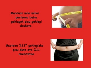 Munduan mila milioi pertsona baino gehiagok pisu gehiegi daukate. Gazteen %13ª gehiegizko pisu dute eta %11 obesitatea 