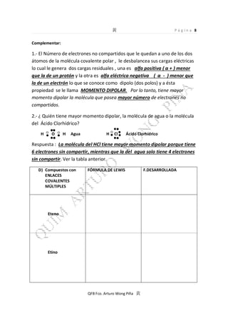 Pág ina 8

Complementar:

1.- El Número de electrones no compartidos que le quedan a uno de los dos
átomos de la molécula covalente polar , le desbalancea sus cargas eléctricas
lo cual le genera dos cargas residuales , una es alfa positiva ( + ) menor
que la de un protón y la otra es alfa eléctrica negativa ( - ) menor que
la de un electrón lo que se conoce como dipolo (dos polos) y a ésta
propiedad se le llama MOMENTO DIPOLAR. Por lo tanto, tiene mayor
momento dipolar la molécula que posea mayor número de electrones no
compartidos.
2.- ¿ Quién tiene mayor momento dipolar, la molécula de agua o la molécula
del Ácido Clorhídrico?
H

O

H

Agua

H

Cl

Ácido Clorhídrico

Respuesta : La molécula del HCl tiene mayor momento dipolar porque tiene
6 electrones sin compartir, mientras que la del agua solo tiene 4 electrones
sin compartir. Ver la tabla anterior.
D) Compuestos con
ENLACES
COVALENTES
MÚLTIPLES

FÓRMULA DE LEWIS

Eteno

Etino

QFB Fco. Arturo Wong Piña

F.DESARROLLADA

 
