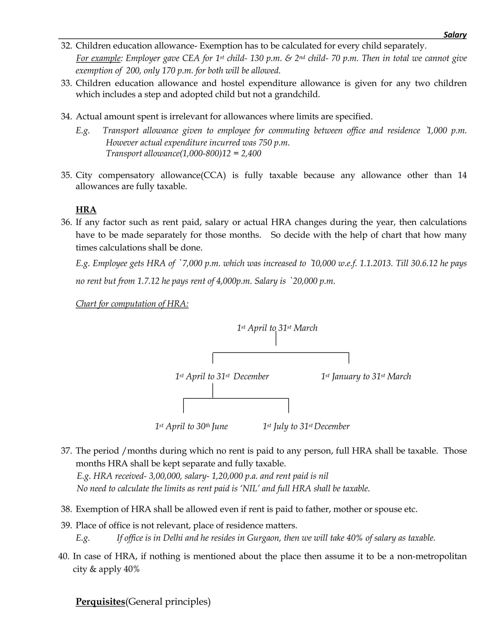 Salary
32. Children education allowance- Exemption has to be calculated for every child separately.
For example: Employer gave CEA for 1st child- 130 p.m. & 2nd child- 70 p.m. Then in total we cannot give
exemption of 200, only 170 p.m. for both will be allowed.
33. Children education allowance and hostel expenditure allowance is given for any two children
which includes a step and adopted child but not a grandchild.
34. Actual amount spent is irrelevant for allowances where limits are specified.
E.g. Transport allowance given to employee for commuting between office and residence `1,000 p.m.
However actual expenditure incurred was 750 p.m.
Transport allowance(1,000-800)12 = 2,400
35. City compensatory allowance(CCA) is fully taxable because any allowance other than 14
allowances are fully taxable.
HRA
36. If any factor such as rent paid, salary or actual HRA changes during the year, then calculations
have to be made separately for those months. So decide with the help of chart that how many
times calculations shall be done.
E.g. Employee gets HRA of ` 7,000 p.m. which was increased to `10,000 w.e.f. 1.1.2013. Till 30.6.12 he pays
no rent but from 1.7.12 he pays rent of 4,000p.m. Salary is ` 20,000 p.m.
Chart for computation of HRA:
1st April to 31st March
1st April to 31st December 1st January to 31st March
1st April to 30th June 1st July to 31st December
37. The period /months during which no rent is paid to any person, full HRA shall be taxable. Those
months HRA shall be kept separate and fully taxable.
E.g. HRA received- 3,00,000, salary- 1,20,000 p.a. and rent paid is nil
No need to calculate the limits as rent paid is ‘NIL’ and full HRA shall be taxable.
38. Exemption of HRA shall be allowed even if rent is paid to father, mother or spouse etc.
39. Place of office is not relevant, place of residence matters.
E.g. If office is in Delhi and he resides in Gurgaon, then we will take 40% of salary as taxable.
40. In case of HRA, if nothing is mentioned about the place then assume it to be a non-metropolitan
city & apply 40%
Perquisites(General principles)
 