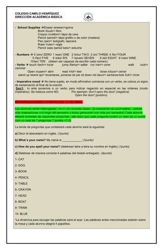COLEGIO CAMILO HENRÍQUEZ
DIRECCIÓN ACADÉMICA BÁSICA
- School Supplies Eraser /ereiser/=goma
Book /buuk/= libro
Crayon /creillon/= lápiz de cera
Pencil /pensil/= lápiz grafito o de color (madera)
Pen /pen/= bolígrafo, lapicera
Ruler /ruler/= regla
Pencil case /pensil keis/= estuche
- Numbers  0 /ziro/ ZERO 1 /wan/ ONE 2 /tchu/ TWO 3 /zri/ THREE 4 /for/ FOUR
5 /faiv/ FIVE 6 /siks/ SIX 7 /seven/ SEVEN 8 /eit/ EIGHT 9 /nain/ NINE
10ten/ TEN (deben ser capaces de escribir cada número)
- Verbs  touch /tach/= tocar jump /llamp/= saltar run /ran/= corer walk /uok/=
caminar
Open /oupen/= abrir read /riid/= leer close /clous/= cerrar
stand up /stand ap/= levantarse, ponerse de pie sit down /sit daun/= sentarse look /luk/= mirar
- Imperative mood  No tiene sujeto, en modo afirmativo comienza con un verbo, se coloca un signo
de exclamación al final de la oración
Don’t : lo ante ponemos a un verbo para indicar negación en especial en las ordenes (modo
imperativo). Se traduce como NO. Por ejemplo: Don’t open the door! (negativa)
Open the door! (positivo)
INTERROGACIONES A PARTIR DEL 17 DE ABRIL
Los alumnos serán interrogados uno a uno durante clases. (la evaluación es acumulativa , habrán
más evaluaciones a lo largo del semestre y todas generarán una nota por semestre) Cada alumno
deberá contestar las siguientes preguntas, vale decir que cada pregunta tendrá un valor de un punto
(con un total de 7 preguntas 7 puntos =7,0)
La tanda de preguntas que contestará cada alumno será la siguiente:
a) Decir el abecedario en inglés. (1punto)
b) What´s your name? My name is ____________ (1punto)
c) How do you spell your name? (deletrean letra a letra su nombre en Inglés) (1punto)
d) Deletrear de manera correcta 4 palabras del listado entregado. (4punto)
1- CAT
2- DOG
3- BOOK
4- PENCIL
5- TABLE
6- CRAYON
7- HEAD
8- BOAT
9- TRAIN
10- BLUE
*La dinámica para escoger las palabras será el azar. Las palabras antes mencionadas estarán sobre
la mesa y cada alumno elegirá 4 papelitos.
 