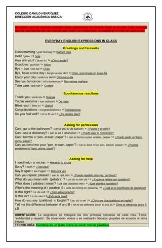 COLEGIO CAMILO HENRÍQUEZ
DIRECCIÓN ACADÉMICA BÁSICA
Se espera que los alumnos manejen estas expresiones de manera fluida en la sala. Cabe destacar
que las expresiones son las mismas para todos los niveles pero se adaptarán al nivel de cada curso.
EVERYDAY ENGLISH EXPRESSIONS IN CLASS
Greetings and farewells
Good morning / gud morning /= Buenos días
Hello / jelou / = hola
How are you? / jauar iu / = ¿Cómo estás?
Goodbye / gud bai / = Adíos
Bye – bye / bai bai /= Chao
Bye, have a nice day / bai jav a nais dei / = Chao, que tengas un buen día
Enjoy your day / enlloi ior dei /= Disfruta tu día
See you tomorrow / sii iu tumorrou /= Nos vemos mañana
Take care / teik ker /= Cuídate
Spontaneous reactions
Thank you / zenk kiu /= Gracias
You're welcome / iuar uelcam / = De nada
Bless you! / bles iu / = ¡Salud!
Congratulations / congratuleishons / = Felicitaciones
Do you feel well? / du iu fil uel / = ¿Te sientes bien?
Asking for permission
Can I go to the bathroom? / can ai gou tu de bazrum / = ¿Puedo ir al baño?
Can I use a dictionary? / can ai ius a dikshonari / = ¿Puedo usar el diccionario?
Can I borrow a “pen, eraser, paper”? / can ai borrou a pen, ereiser, peiper / = ¿Puedo pedir un “lapiz,
goma, papel”?
Can you lend me your “pen, eraser, paper”? / can iu lend mi ior pen, ereiser, peiper / = ¿Puedes
prestarme tu “lapiz, goma, papel”?
Asking for help
I need help / ai niid jelp / = Necesito tu ayuda
Sorry? / sorri /= ¿Disculpa?
Say it again / sei it egen / = Dilo otra vez
Can you repeat, please? / can iu ripit plis / = ¿Puede repetirlo otra vez, por favor?
What do you mean with (palabra) ? / uot du iu min uid / = ¿A qué se refiere con (palabra)?
What does ( palabra ) mean? / uot das (palabra) min / = ¿Que significa (palabra)?
What's the meaning of ( palabra )? / uots de mining ov (palabra) / = ¿Cuál es el significado de (palabra)?
Is this right? / is dis rait / = ¿Esto esta correcto?
Is this ok? / is dis okei / =¿Esto esta bien?
How do you say (palabra) in English? / jau du iu sei /= ¿Cómo se dice (palabra) en inglés?
Tell me the difference between A and B / tel mi de deferens bituin ei and bi /= Dime la diferencia entre A
y B
ORIENTACIÓN: La asignatura se trabajará las dos primeras semanas de cada mes. Tema:
“solidaridad y respeto”. Se observarán videos y se realizarán trabajos grupales de acuerdo al tema
tratado.
TECNOLOGÍA: Escritura de un texto breve en word. Enviar pendrive
 