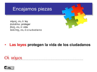 Encajamos piezas
• Las leyes protegen la vida de los ciudadanos
…………………………………………………………………………….Oi( no/moi
no/moj, ou, o(: ley
fula/ttw: proteger
bi/oj, ou, o(: vida
poli/thj, ou, o(: c i u d a d a n o
 