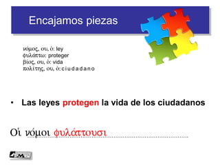 Encajamos piezas
• Las leyes protegen la vida de los ciudadanos
…………………………………………………………………………….Oi( no/moi fula/ttousi
no/moj, ou, o(: ley
fula/ttw: proteger
bi/oj, ou, o(: vida
poli/thj, ou, o(: c i u d a d a n o
 