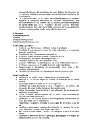 envolvam fenômenos de composição de cores de luz e de pigmento; ler
e interpretar tabelas e representações esquemáticas de resultados de
experimentos
 Ler, interpretar e executar um roteiro de atividade experimental; elaborar
hipóteses e interpretar resultados de situações experimentais que
envolvam fenômenos de sombra e de luz colorida; ler interpretar gráfico
de sensibilidade dos cones receptores de luz; associar diferentes
características de cores com iluminação e com sua percepção pelo olho
humano reconhecendo a função especializada dos cones.
4º Bimestre
Conteúdos gerais
Acústica
Ondas eletromagnéticas
Transmissões eletromagnéticas
Conteúdos específicos
 Ruídos e sons harmônicos – timbres e fontes de produção
 Amplitude, freqüência,comprimento de onda, velocidade e ressonância
de ondas Mecânicas
 Questões de som no cotidiano contemporâneo
 Audição humana, poluição, limites e conforto acústicos
 A interpretação do caráter eletromagnético da luz
 Emissão e absorção de luz de diferentes cores
 Evolução histórica da representação da luz como onda eletromagnética
 Produção, propagação e detecção de ondas eletromagnéticas
 Equipamentos e dispositivos de comunicação, como rádio e TV,
celulares e fibras ópticas
 Evolução da transmissão de informações e seus impactos sociais
Objetivos Gerais
 Identificar a luz branca como composição de diferentes cores
 Associar a cor de um objeto da formas de interação da luz coma
matéria
 Estabelecer diferenças entre cor-luz e cor pigmento
 Identificar as cores primárias e suas composições no sistema de
percepção de cores do olho humano e de equipamentos
 Utilizar informações para identificar o uso adequado de iluminação em
ambientes do cotidiano
 Utilizar o modelo eletromagnético da luz como uma representação
possível das cores na natureza
 Identificar a luz no aspecto de ondas eletromagnéticas, diferenciando as
cores de acordo com as freqüências
 Reconhecer e explicar a emissão e a absorção de diferentes cores de
luz
 Identificar e caracterizar modelos de explicação da natureza da luz ao
longo da história humana, seus limites e embates
 Reconhecer o atual modelo científico utilizado para explicar a natureza
da luz
 Identificar os principais meios de produção, propagação e detecção de
ondas eletromagnéticas no cotidiano
 