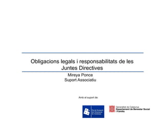 Obligacions legals i responsabilitats de les
Juntes Directives
Mireya Ponce
Suport Associatiu
Amb el suport de:
 