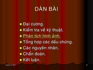 29October 31, 2014
DAØN BAØI
 Ñaïi cöông.
 Kieåm tra veà kyõ thuaät.
 Phaân tích hình aûnh.
 Toång hôïp caùc daáu chöùng.
 Caùc nguyeân nhaân.
 Chaån ñoaùn.
 Keát luaän.
 