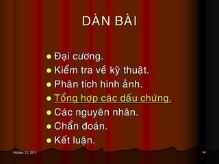 44October 31, 2014
DAØN BAØI
 Ñaïi cöông.
 Kieåm tra veà kyõ thuaät.
 Phaân tích hình aûnh.
 Toång hôïp caùc daáu chöùng.
 Caùc nguyeân nhaân.
 Chaån ñoaùn.
 Keát luaän.
 