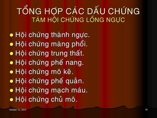 45October 31, 2014
TOÅNG HÔÏP CAÙC DAÁU CHÖÙNG
TAÙM HOÄI CHÖÙNG LOÀNG NGÖÏC
 Hoäi chöùng thaønh ngöïc.
 Hoäi chöùng maøng phoåi.
 Hoäi chöùng trung thaát.
 Hoäi chöùng pheá nang.
 Hoäi chöùng moâ keõ.
 Hoäi chöùng pheá quaûn.
 Hoäi chöùng maïch maùu.
 Hoäi chöùng chuû moâ.
 