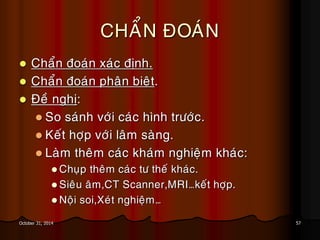 57October 31, 2014
CHAÅN ÑOAÙN
 Chaån ñoaùn xaùc ñònh.
 Chaån ñoaùn phaân bieät.
 Ñeà nghò:
 So saùnh vôùi caùc hình tröôùc.
 Keát hôïp vôùi laâm saøng.
 Laøm theâm caùc khaùm nghieäm khaùc:
 Chuïp theâm caùc tö theá khaùc.
 Sieâu aâm,CT Scanner,MRI…keát hôïp.
 Noäi soi,Xeùt nghieäm…
 