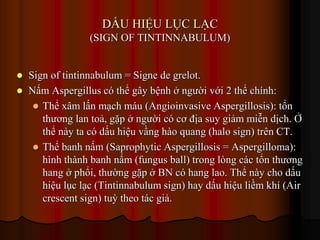 DẤU HIỆU LỤC LẠC
(SIGN OF TINTINNABULUM)
 Sign of tintinnabulum = Signe de grelot.
 Nấm Aspergillus có thể gây bệnh ở người với 2 thể chính:
 Thể xâm lấn mạch máu (Angioinvasive Aspergillosis): tổn
thương lan toả, gặp ở người có cơ địa suy giảm miễn dịch. Ở
thể này ta có dấu hiệu vầng hào quang (halo sign) trên CT.
 Thể banh nấm (Saprophytic Aspergillosis = Aspergilloma):
hình thành banh nấm (fungus ball) trong lòng các tổn thương
hang ở phổi, thường gặp ở BN có hang lao. Thể này cho dấu
hiệu lục lạc (Tintinnabulum sign) hay dấu hiệu liềm khí (Air
crescent sign) tuỳ theo tác giả.
 