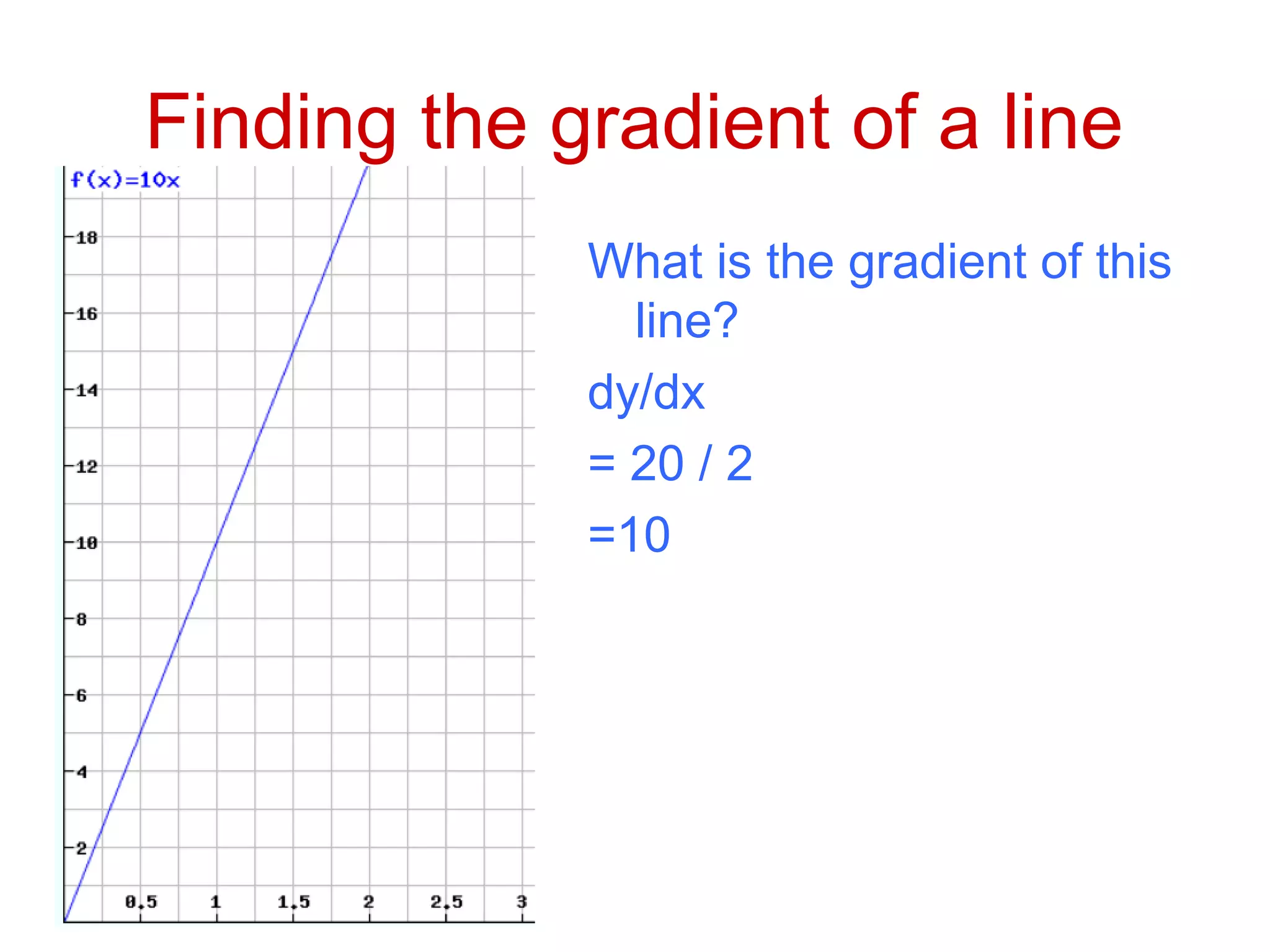 Finding the gradient of a line
What is the gradient of this
line?
dy/dx
= 20 / 2
=10
 