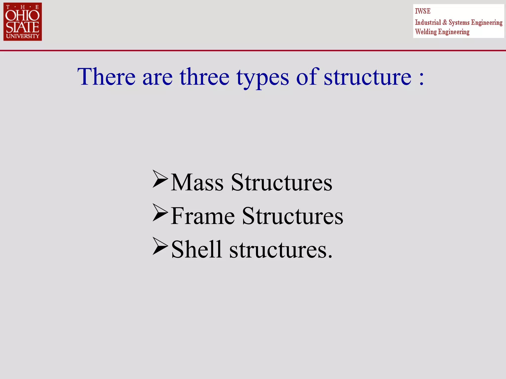 There are three types of structure :
Mass Structures
Frame Structures
Shell structures.
 