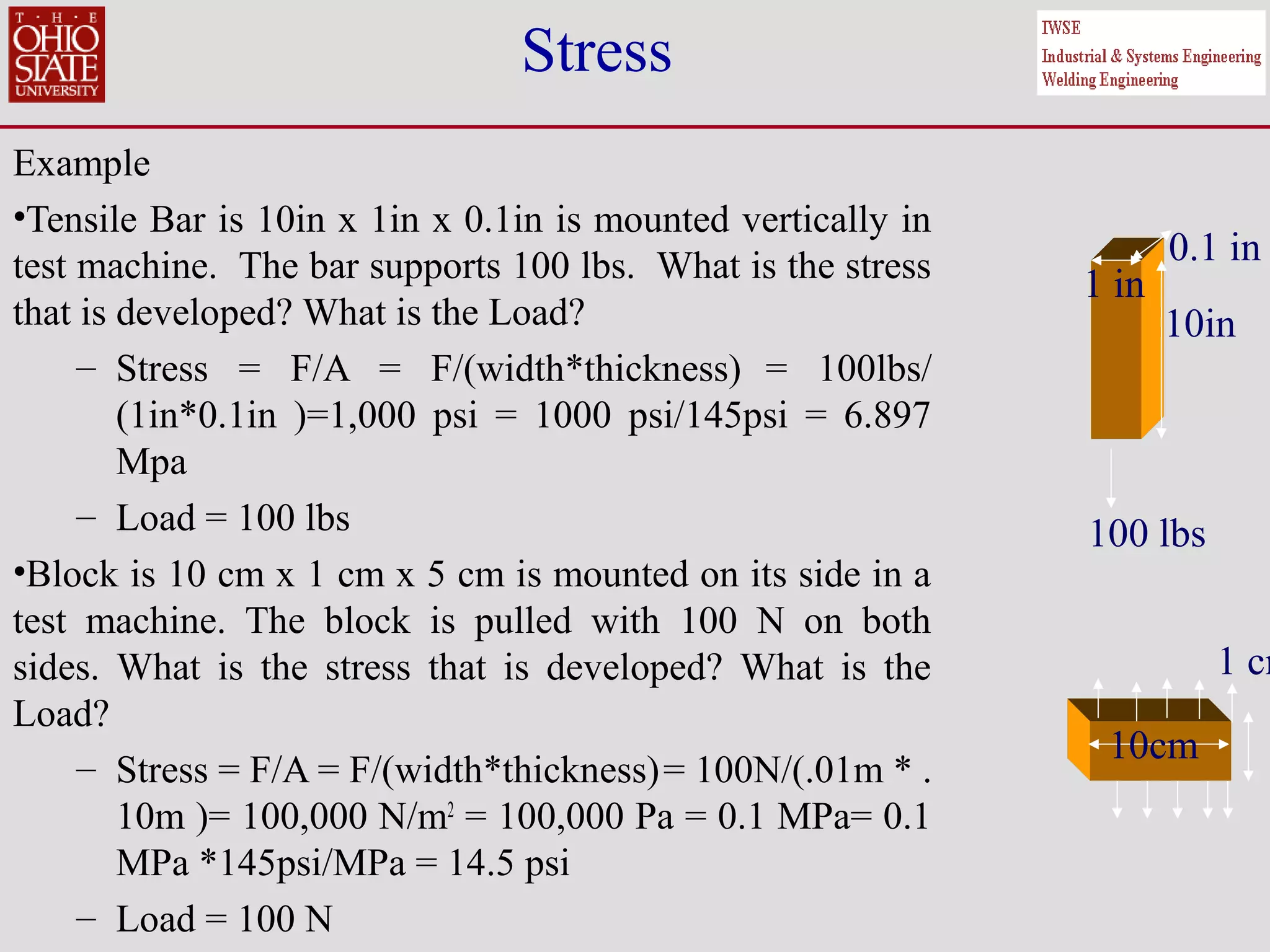 Stress
Example
•Tensile Bar is 10in x 1in x 0.1in is mounted vertically in
test machine. The bar supports 100 lbs. What is the stress
that is developed? What is the Load?
– Stress = F/A = F/(width*thickness) = 100lbs/
(1in*0.1in )=1,000 psi = 1000 psi/145psi = 6.897
Mpa
– Load = 100 lbs
•Block is 10 cm x 1 cm x 5 cm is mounted on its side in a
test machine. The block is pulled with 100 N on both
sides. What is the stress that is developed? What is the
Load?
– Stress = F/A = F/(width*thickness)= 100N/(.01m * .
10m )= 100,000 N/m2
= 100,000 Pa = 0.1 MPa= 0.1
MPa *145psi/MPa = 14.5 psi
– Load = 100 N
10cm
10in
1 in
0.1 in
1 cm
100 lbs
 