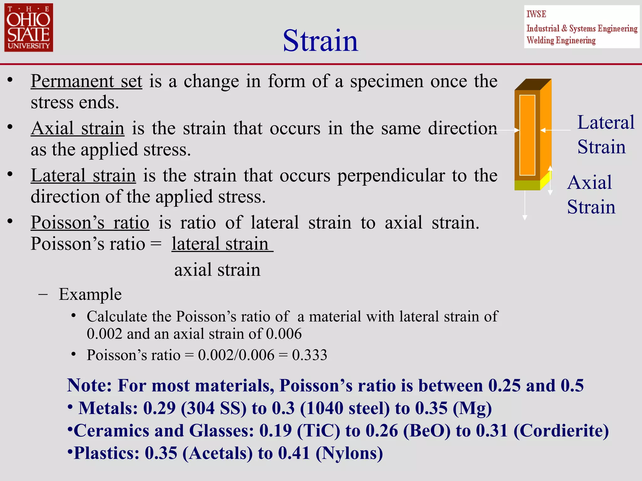 Strain
• Permanent set is a change in form of a specimen once the
stress ends.
• Axial strain is the strain that occurs in the same direction
as the applied stress.
• Lateral strain is the strain that occurs perpendicular to the
direction of the applied stress.
• Poisson’s ratio is ratio of lateral strain to axial strain.
Poisson’s ratio = lateral strain
axial strain
– Example
• Calculate the Poisson’s ratio of a material with lateral strain of
0.002 and an axial strain of 0.006
• Poisson’s ratio = 0.002/0.006 = 0.333
Axial
Strain
Lateral
Strain
Note: For most materials, Poisson’s ratio is between 0.25 and 0.5
• Metals: 0.29 (304 SS) to 0.3 (1040 steel) to 0.35 (Mg)
•Ceramics and Glasses: 0.19 (TiC) to 0.26 (BeO) to 0.31 (Cordierite)
•Plastics: 0.35 (Acetals) to 0.41 (Nylons)
 