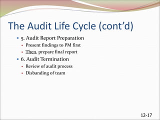 12-17
The Audit Life Cycle (cont’d)
 5. Audit Report Preparation
 Present findings to PM first
 Then, prepare final report
 6. Audit Termination
 Review of audit process
 Disbanding of team
 
